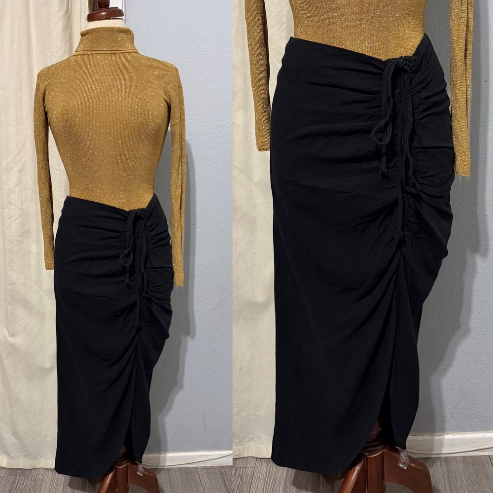 Mable Midi Skirt Size M Linen cotton Black Ruched High Waist Slit Minimalist